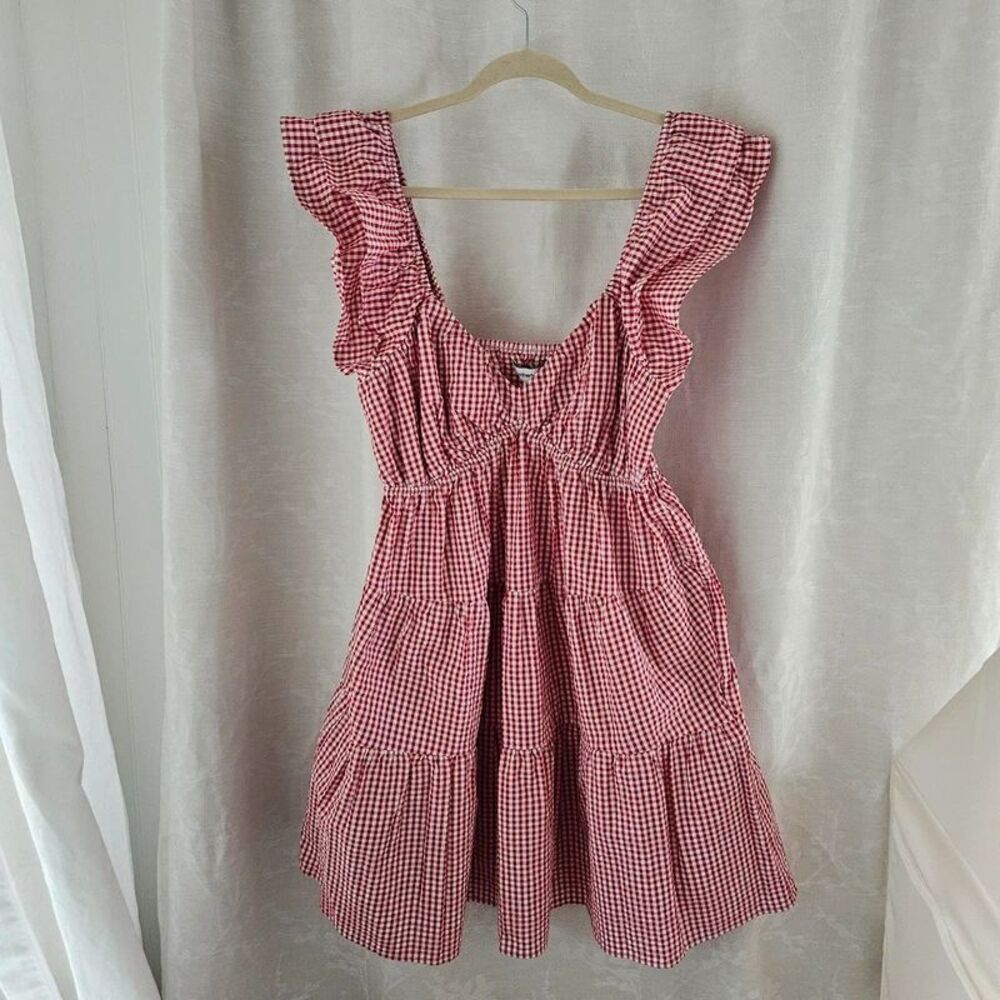 Motherhood Maternity Red White Gingham Flutter Sleeve Tiered Mini Dress Size L